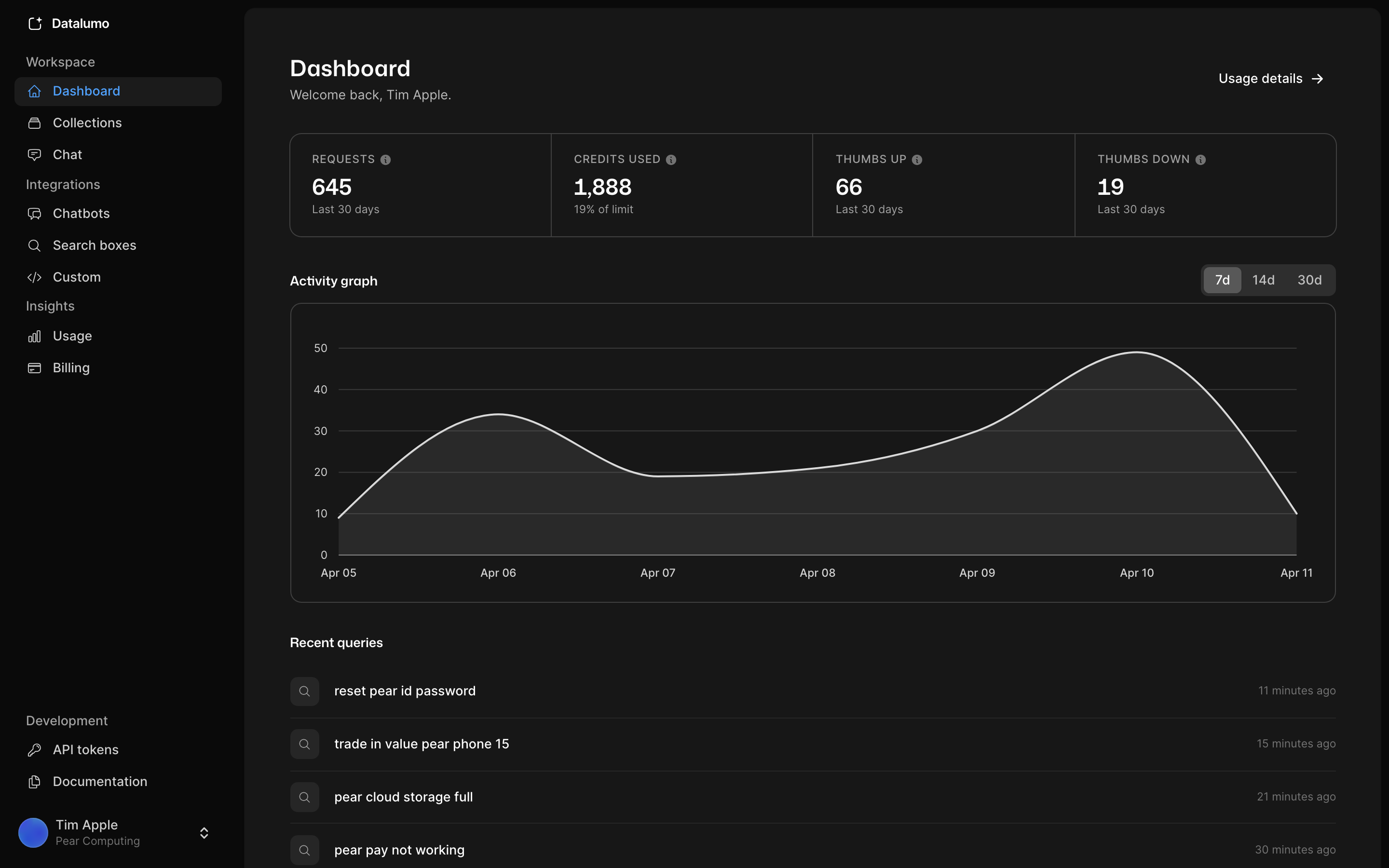 Datalumo dashboard showing collections, activity charts, and usage metrics