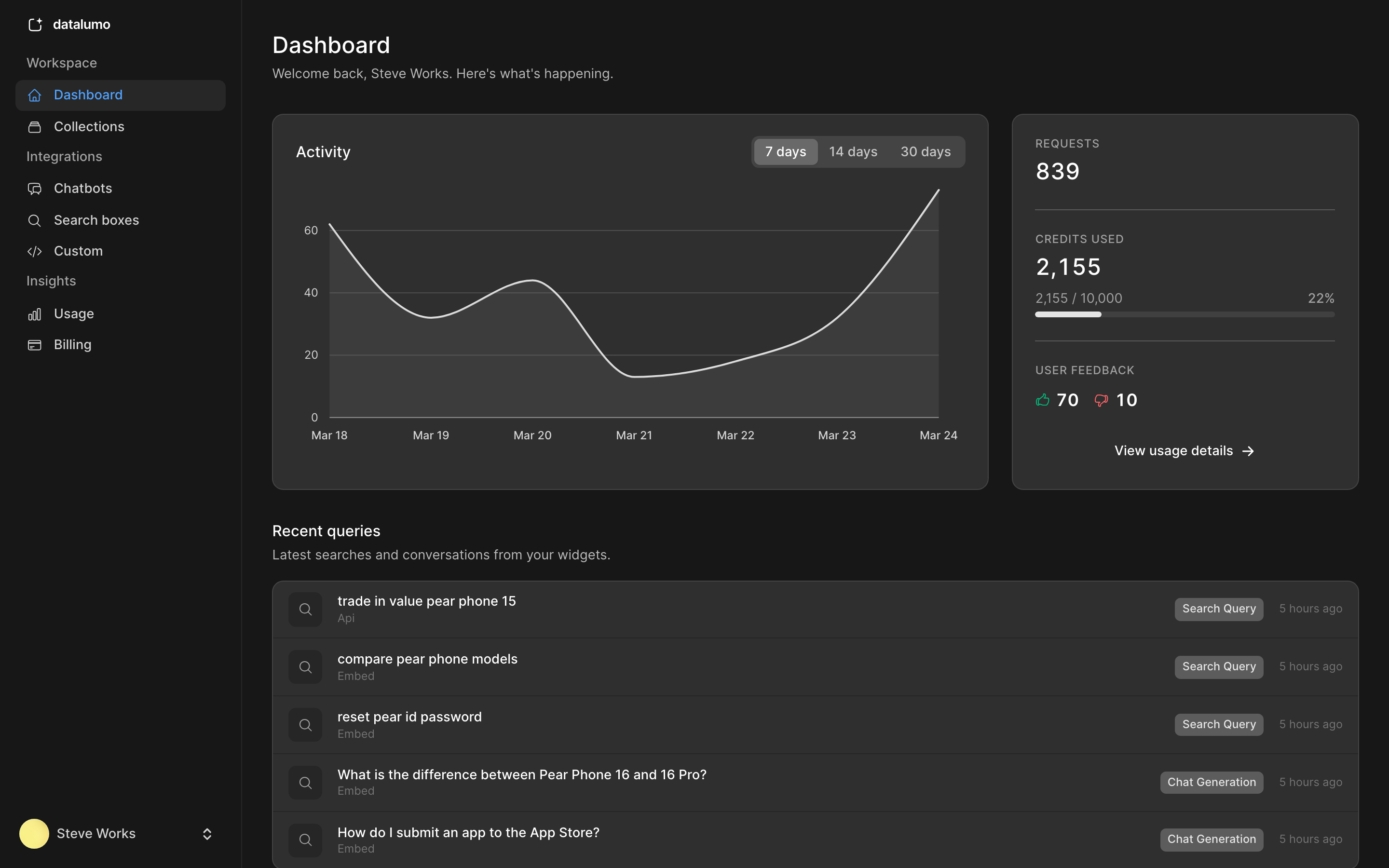 Datalumo dashboard showing collections, activity charts, and usage metrics