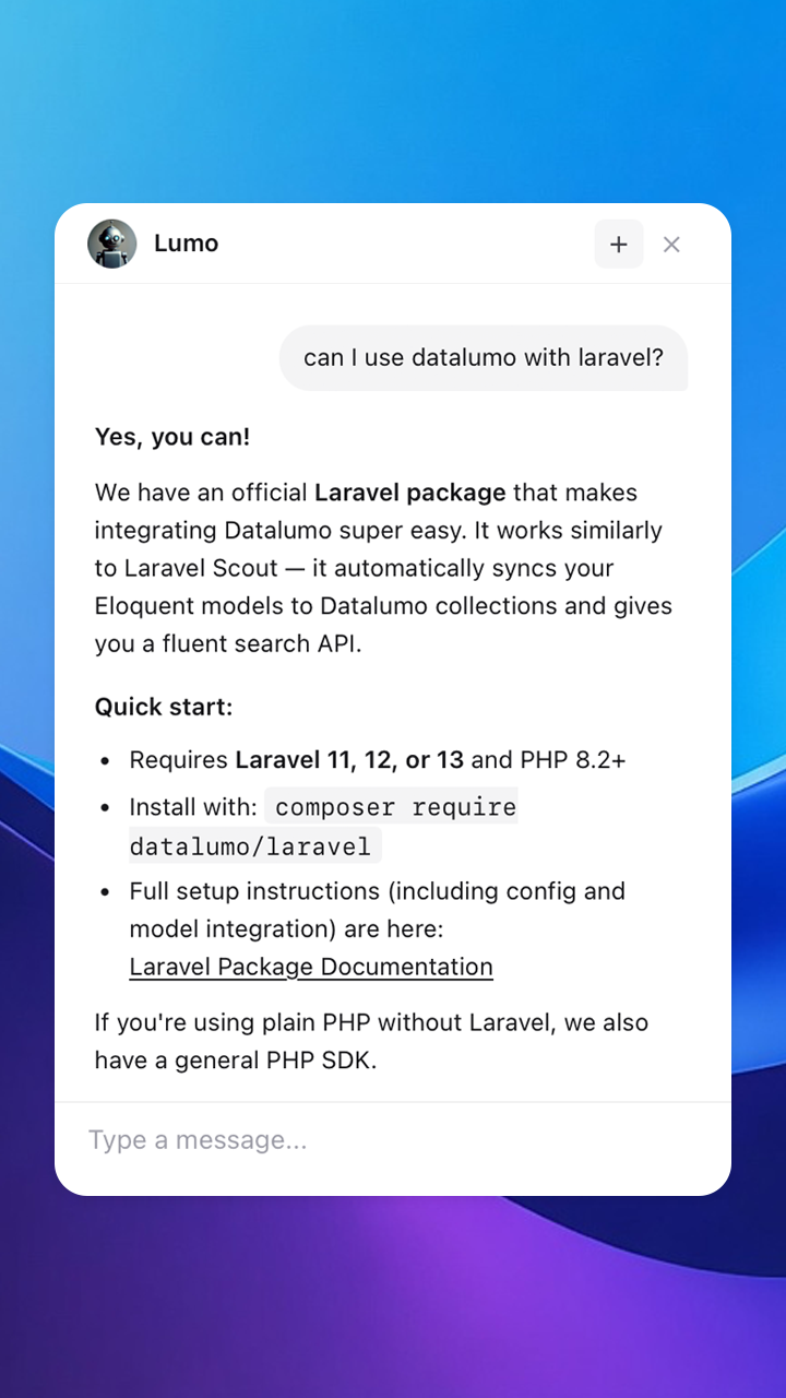 Datalumo chat widget on mobile, showing a real conversation with a custom persona