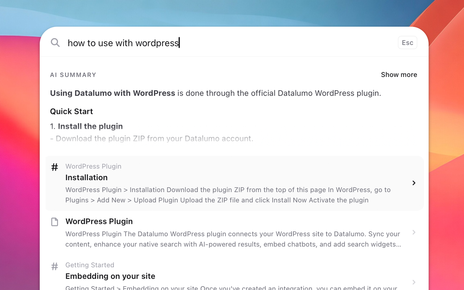 Datalumo search widget showing a question with an AI summary and cited results